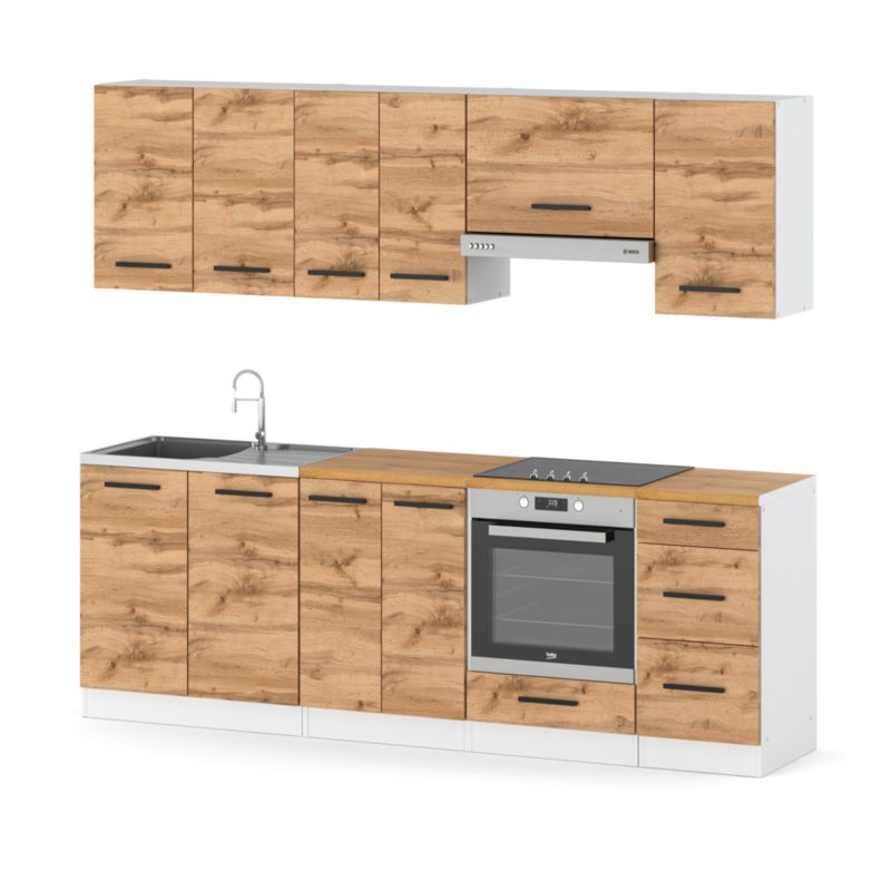 Zestaw Kuchenny Hurtownia-Mebli Z Blatem Kuchnia Mokka Plus 240cm Biały Mat Dąb Wotan 240x47x145 cm 1szt.