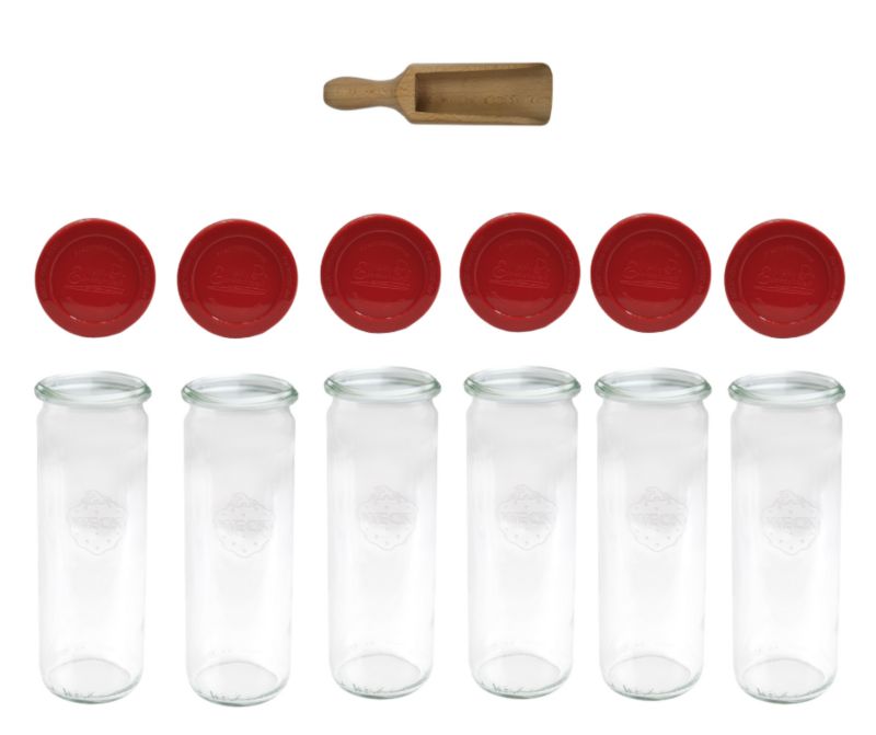 Słoiki MODO24 Weck 600 ml fi 60 cylinder silikonowe wieka miarka 6 kpl.