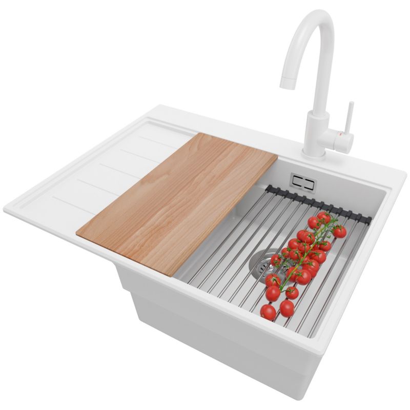 Zlewozmywak Granitowy Sydney PRIMAGRAN Nablatowy 62x50cm do szafki od 40cm, Biały + Bateria + Syfon + Akcesoria, S033, 1 szt.