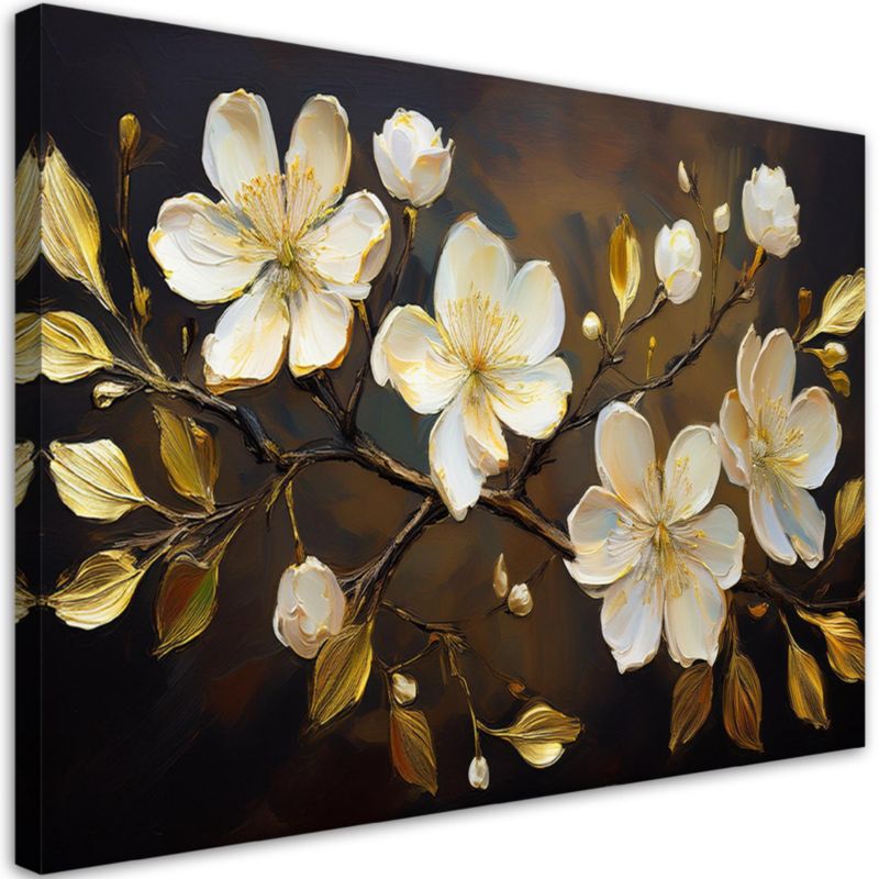 Obraz do salonu sypialni Feeby Białe Kwiaty na Gałązce Brązowy 90x60 cm 1 szt