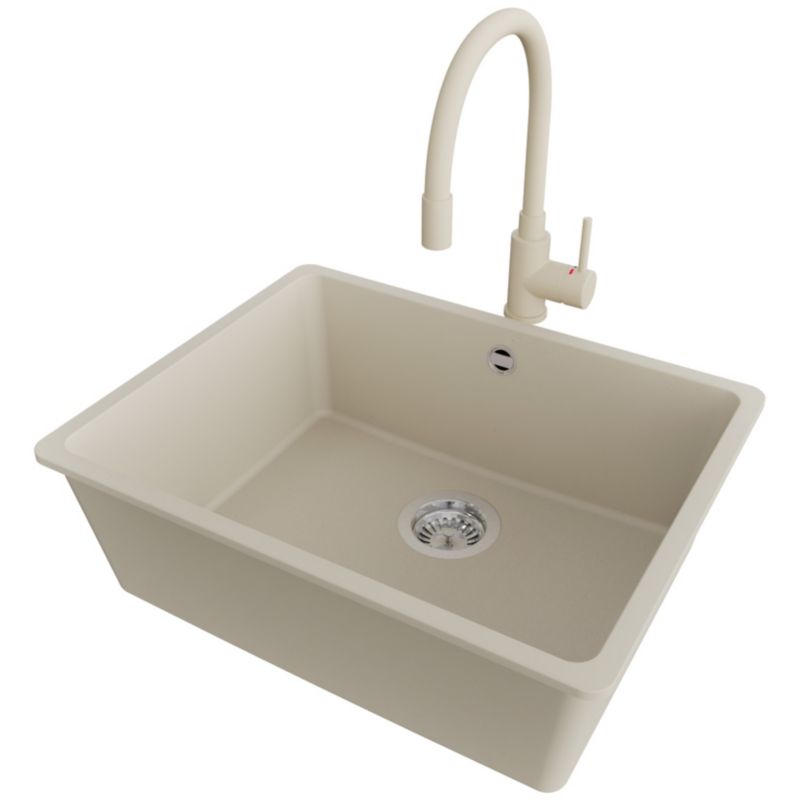 Zlewozmywak Granitowy Wenecja Slim Easy PRIMAGRAN Nablatowy 56x44cm do szafki od 60cm, Beżowy + Bateria + Syfon, S093, 1 szt.