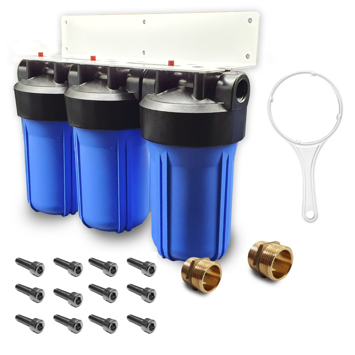 Zestaw filtrów na cały dom. Trzy korpusy BB-10 cali + stelaż montażowy. Klucz serwisowy gratis!