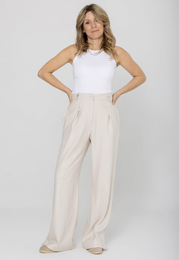 Lillow - Szerokie SPODNIE Damskie LOGAN krótsze - beżowa jodełka - Materiał wiskoza - Uszyto w Polsce