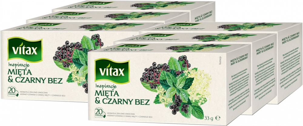 6x Herbata ziołowo-owocowa w torebkach Vitax Inspiracje, mięta & czarny bez, 20 sztuk x 1.65g