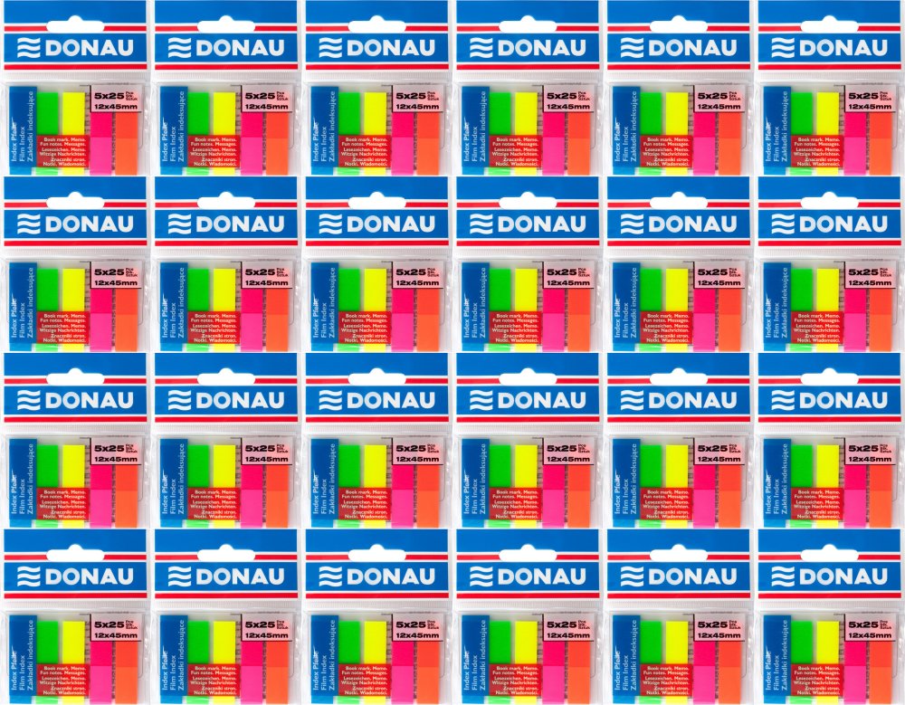 24x Zakładki samoprzylepne Donau, proste, indeksujące, folia, 12x45mm, 5x25 sztuk, mix kolorów neonowych