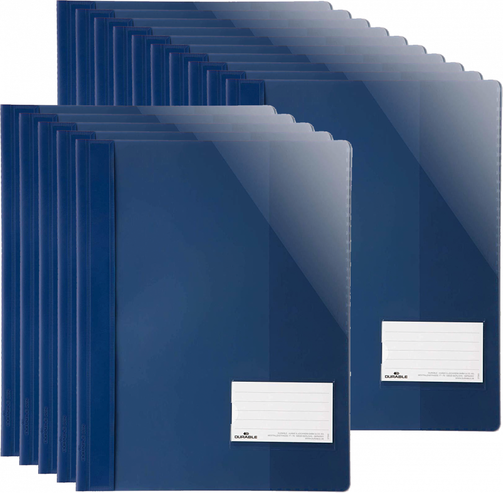 15x Skoroszyt plastikowy Durable, A4+, z okienkiem, do 200 kartek, przezroczysty/granatowy