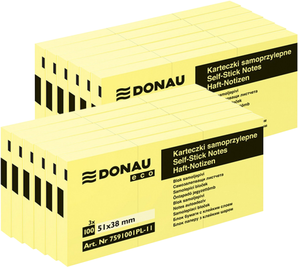 12x Karteczki samoprzylepne Donau Eco, 38x51mm, 3x 100 karteczek, jasnożółty