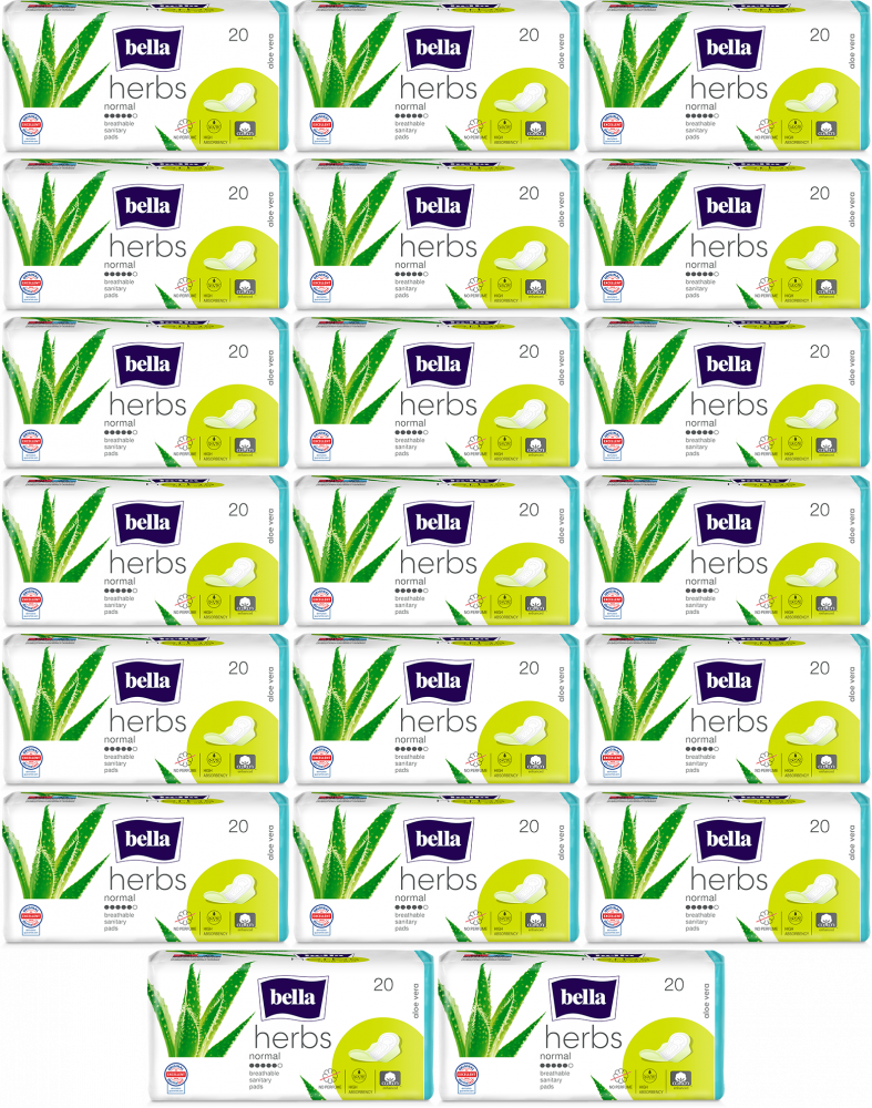 20x Podpaski Bella Herbs Aloe Vera, Normal, ze skrzydełkami, 20 sztuk