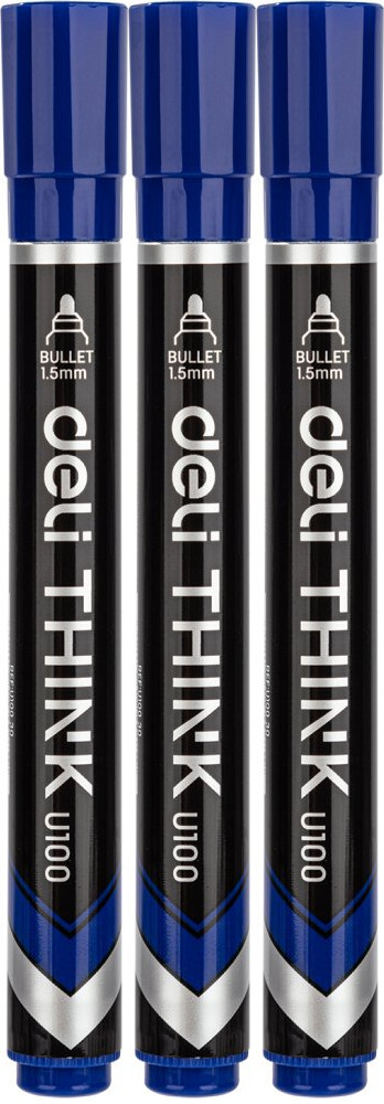 3x Marker permanentny Deli Think U100, okrągła, 1.5mm, niebieski