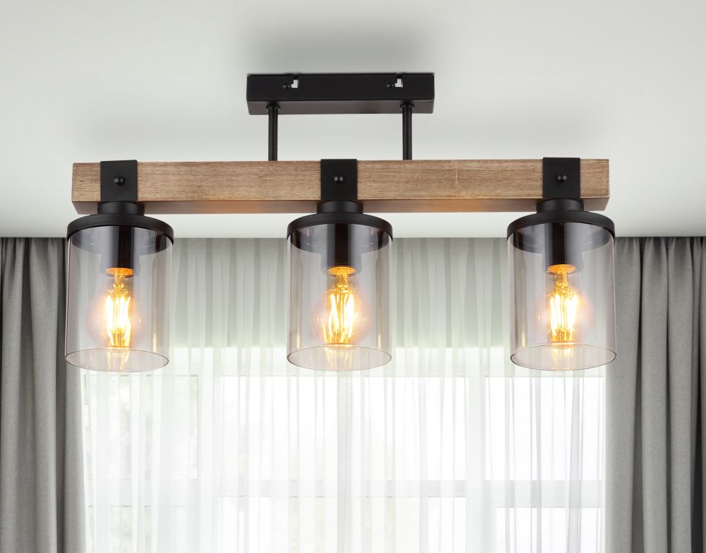 Globo Lighting Lila lampa podsufitowa 3x60W czarny mat/drewno/szkło przydymione 15555-3D