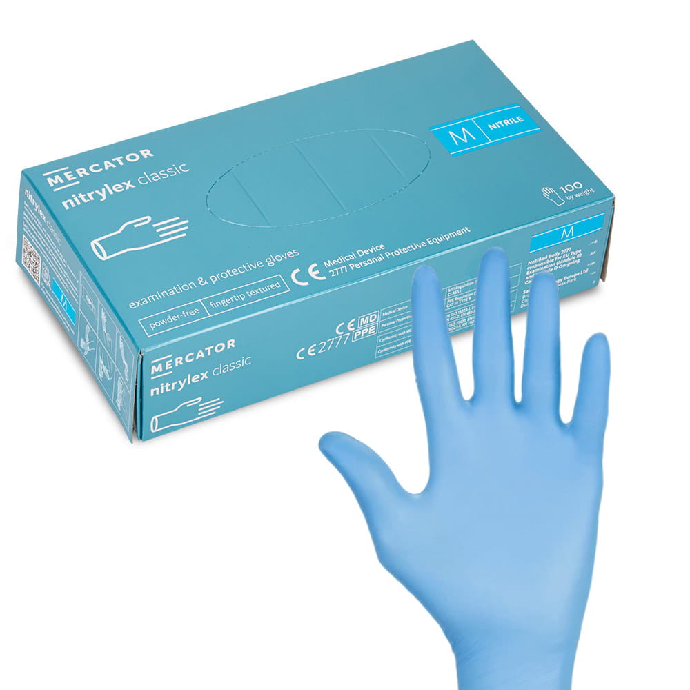 Rękawiczki jednorazowe nitrylowe diagnostyczne i ochronne Mercator rozmiar M niebieskie 100 szt
