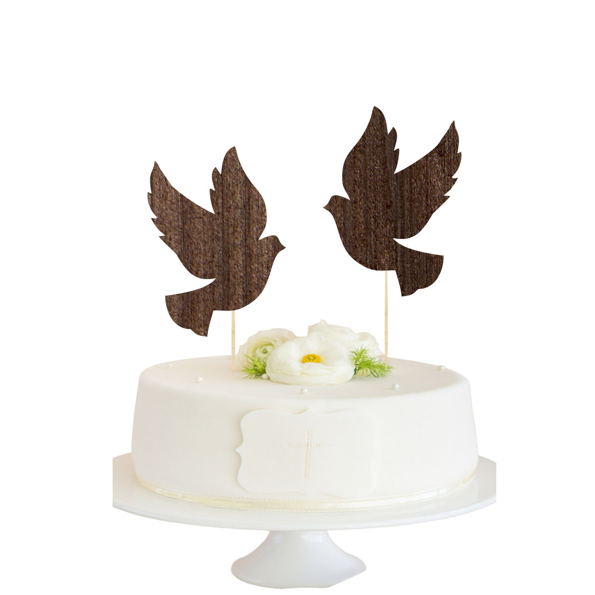 Topper dekoracja na bok tortu pik gołąbki Chrzest Święty Komunia Święta drewno brąz rustykalny