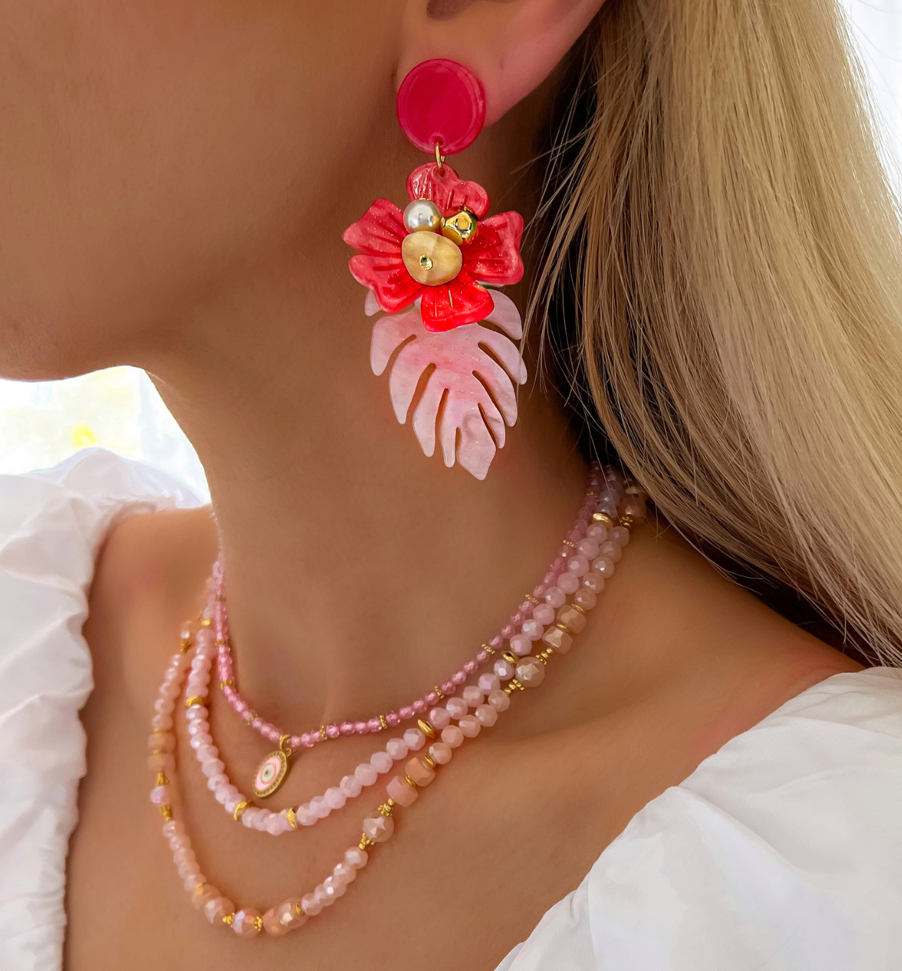 Kolczyki z kwiatem i liściem czerwone Moani KZA0032