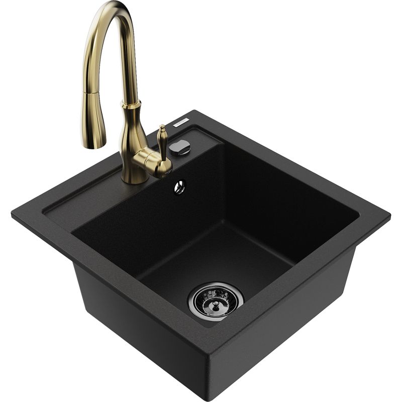 Zlewozmywak granitowy 1-komorowy Mexen Vito z baterią kuchenną Savita czarny 6503-77-672601-50-B