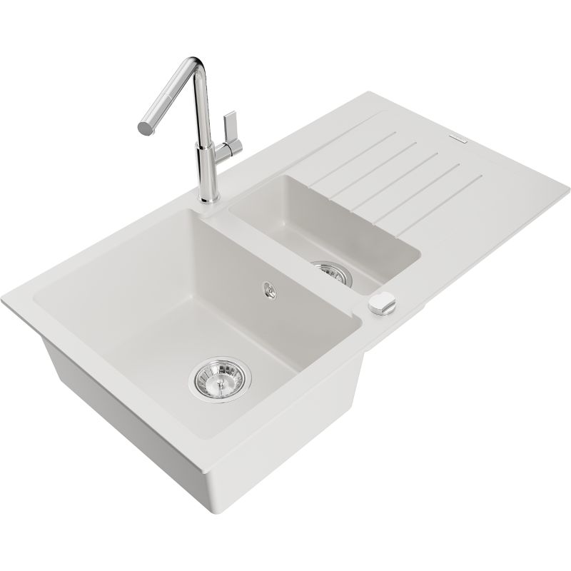 Zlewozmywak granitowy 1.5-komorowy Mexen Matias z ociekaczem i baterią kuchenną Flora biały 6502-20-670401-00