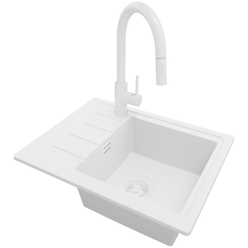 Zlewozmywak Granitowy Kopenhaga Easy PRIMAGRAN Nablatowy 55x44cm do szafki od 45cm, Cały Biały + Bateria + Syfon, S022, 1 szt.