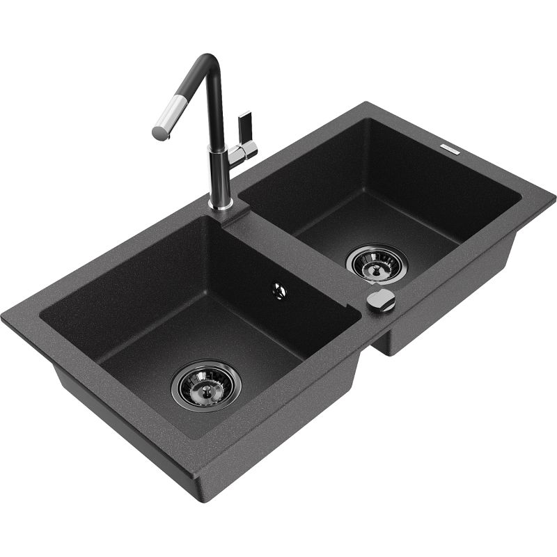 Zlewozmywak granitowy 2-komorowy Mexen Mario z baterią kuchenną Flora czarny nakrapiany 6504-76-670401-07-B