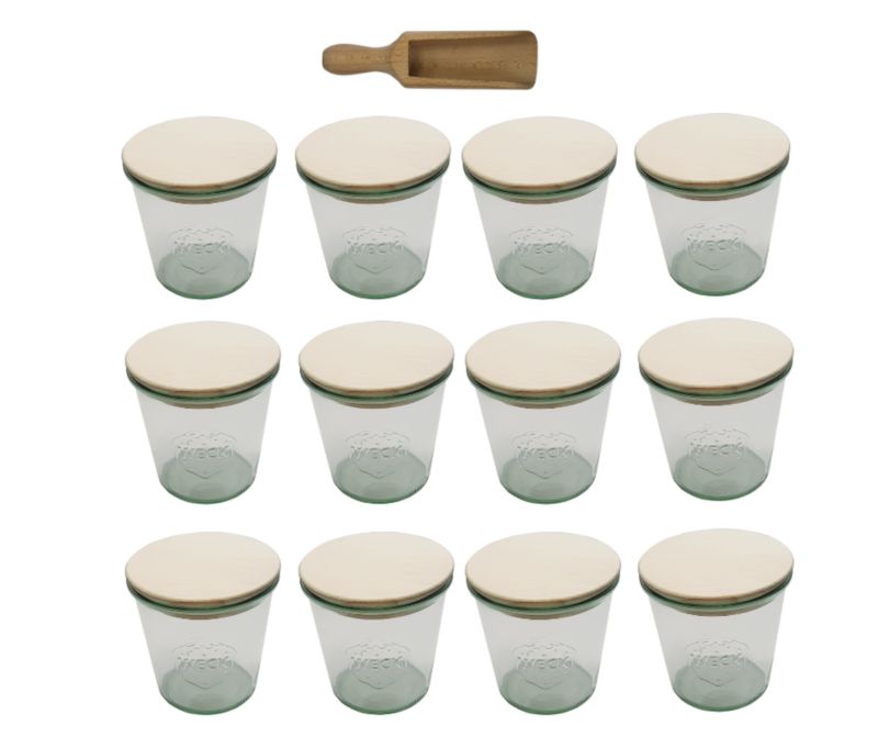 Słoiki MODO24 Weck 580 ml fi 100 mold drewniane wieka miarka 12 kpl.