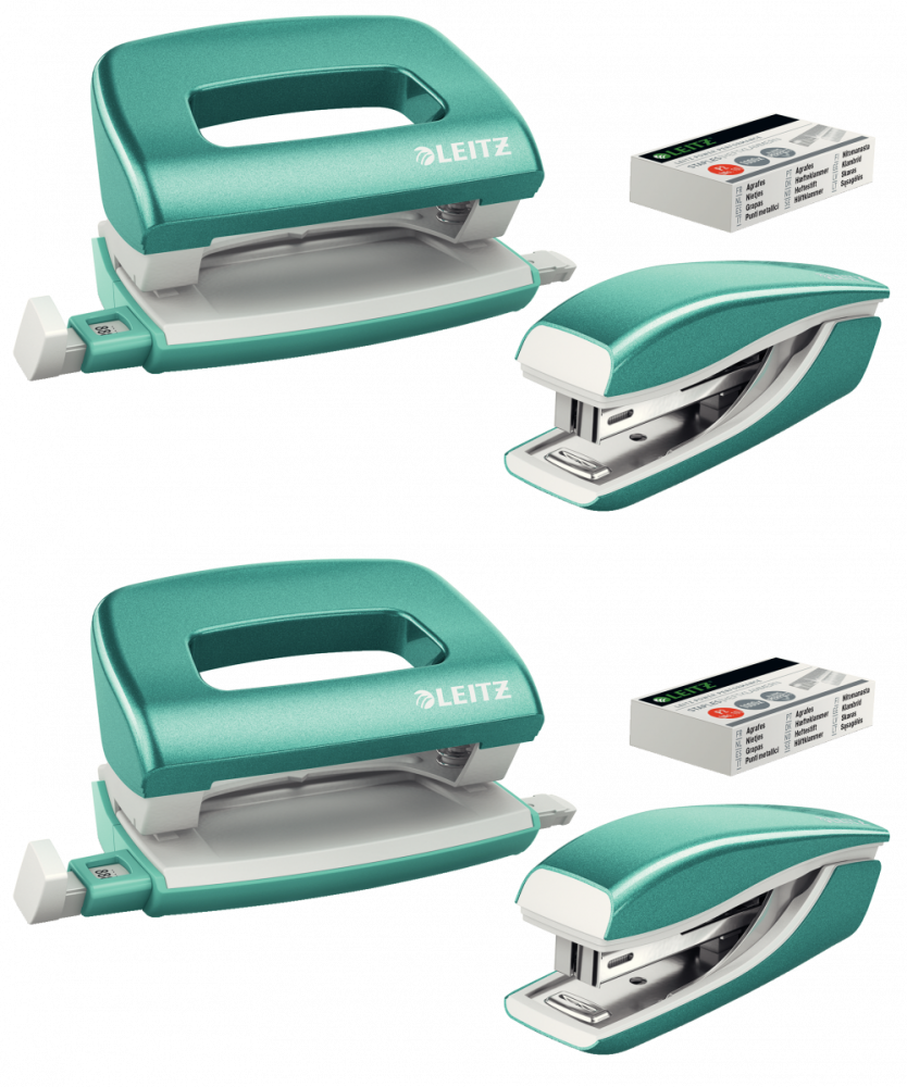 2x Zestaw zszywacz i dziurkacz Leitz Mini NeXXt Wow, metalowy, turkusowy