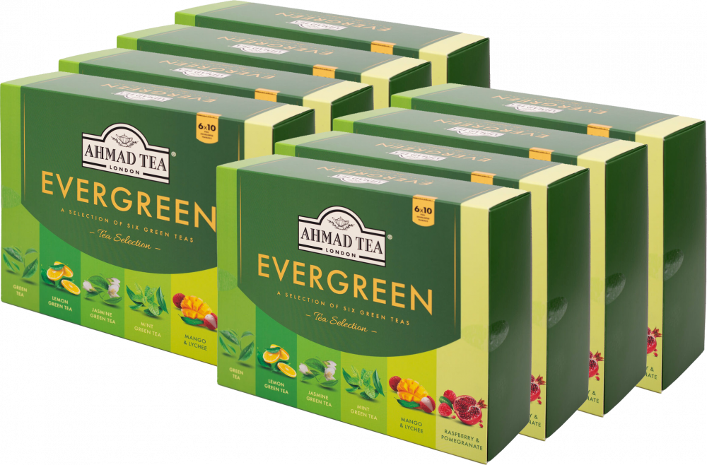 8x Zestaw herbat zielonych w kopertach Ahmad Tea Evergreen, 6 smaków, 60 sztuk x 2g