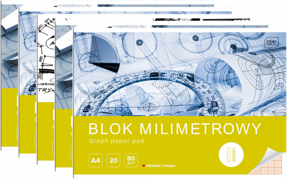 5x Blok milimetrowy Interdruk, A4, 20 kartek, mix wzorów