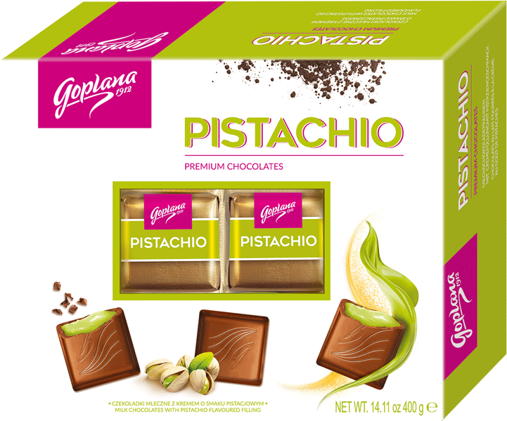 Bombonierka Goplana Pistachio Czekoladki z klasą, pistacjowy z nadzieniem alkoholowym, 400g