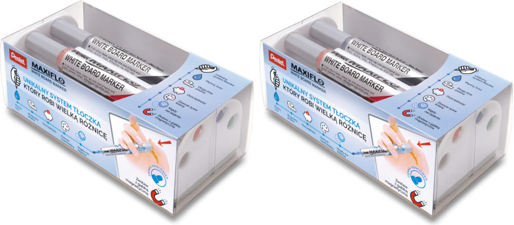 2x marker suchościeralny Pentel Maxiflo MWL5S, z tłoczkiem, okrągła, 4 sztuki, 4mm, mix kolorów + gąbka magnetyczna