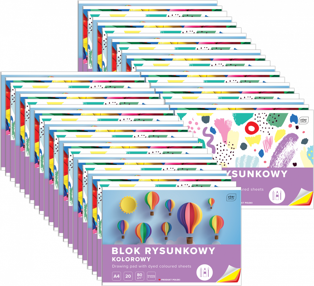 100x Blok rysunkowy Interdruk, A4, 20 kartek, kolorowy