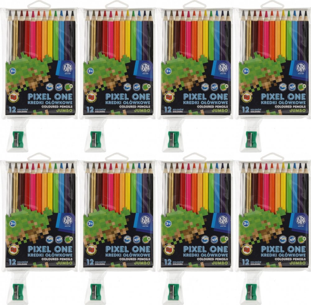 8x Kredki ołówkowe Astrakids Pixel One Jumbo okrągłe, 12 kolorów + temperówka