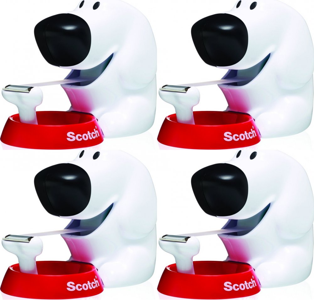 4x Podajnik do taśmy klejącej Scotch, w kształcie pieska (C31-DOG)+ taśma Scotch Magic 19mmx8.89m, biało-czerwony