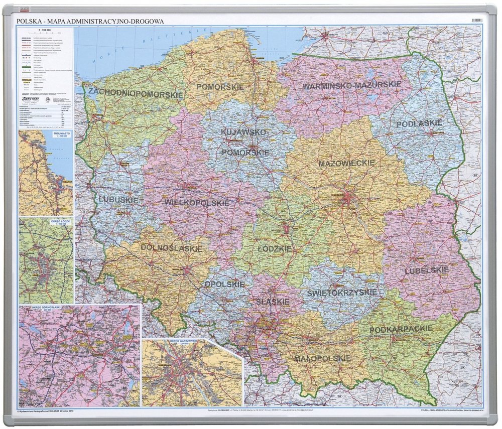 Mapa Polski administracyjno-drogowa, magnetyczna, w ramie aluminiowej, 102.5x120cm, skala 1: 700 000