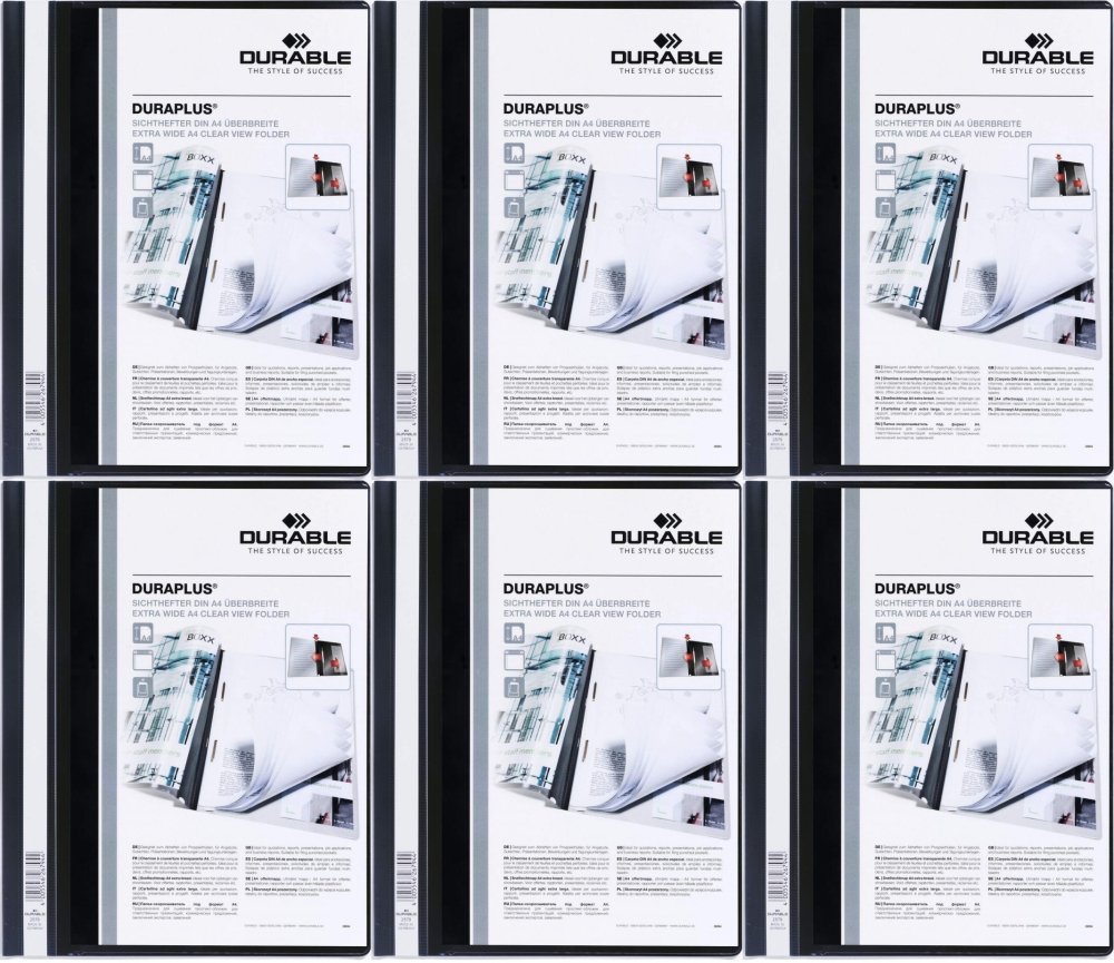6x Skoroszyt plastikowy Duraplus Durable, A4, prezentacyjny, czarny