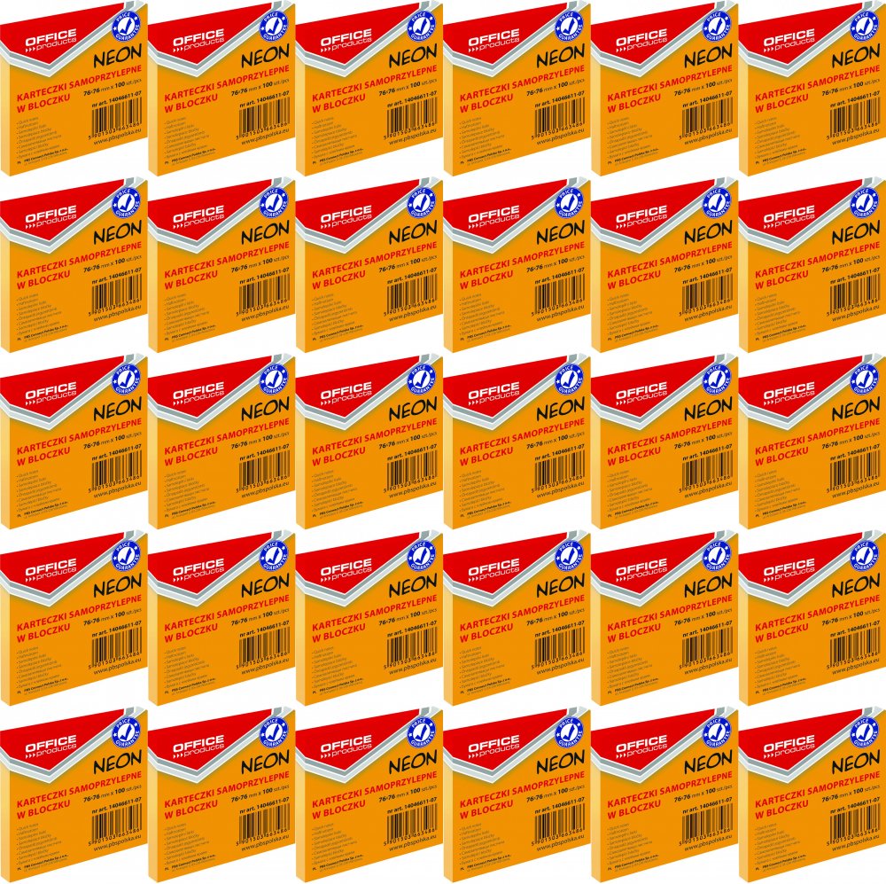 36x Karteczki samoprzylepne Office Products, 76x76mm, 100 karteczek, neonowy pomarańczowy