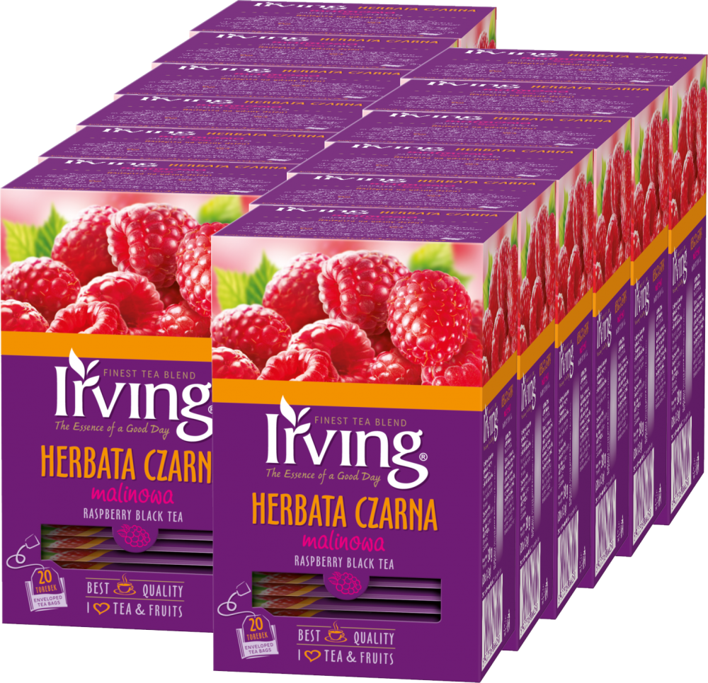 12x Herbata czarna aromatyzowana w kopertach Irving, malina, 20 sztuk x 1.5g