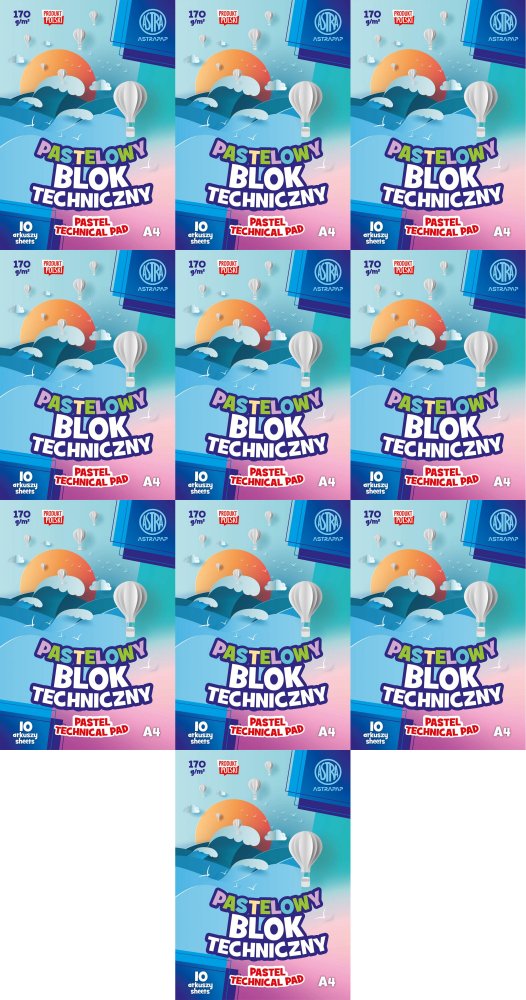 10x Blok techniczny Astra Astrapap, A4, 170g, 10 kartek, kolorowy pastelowy