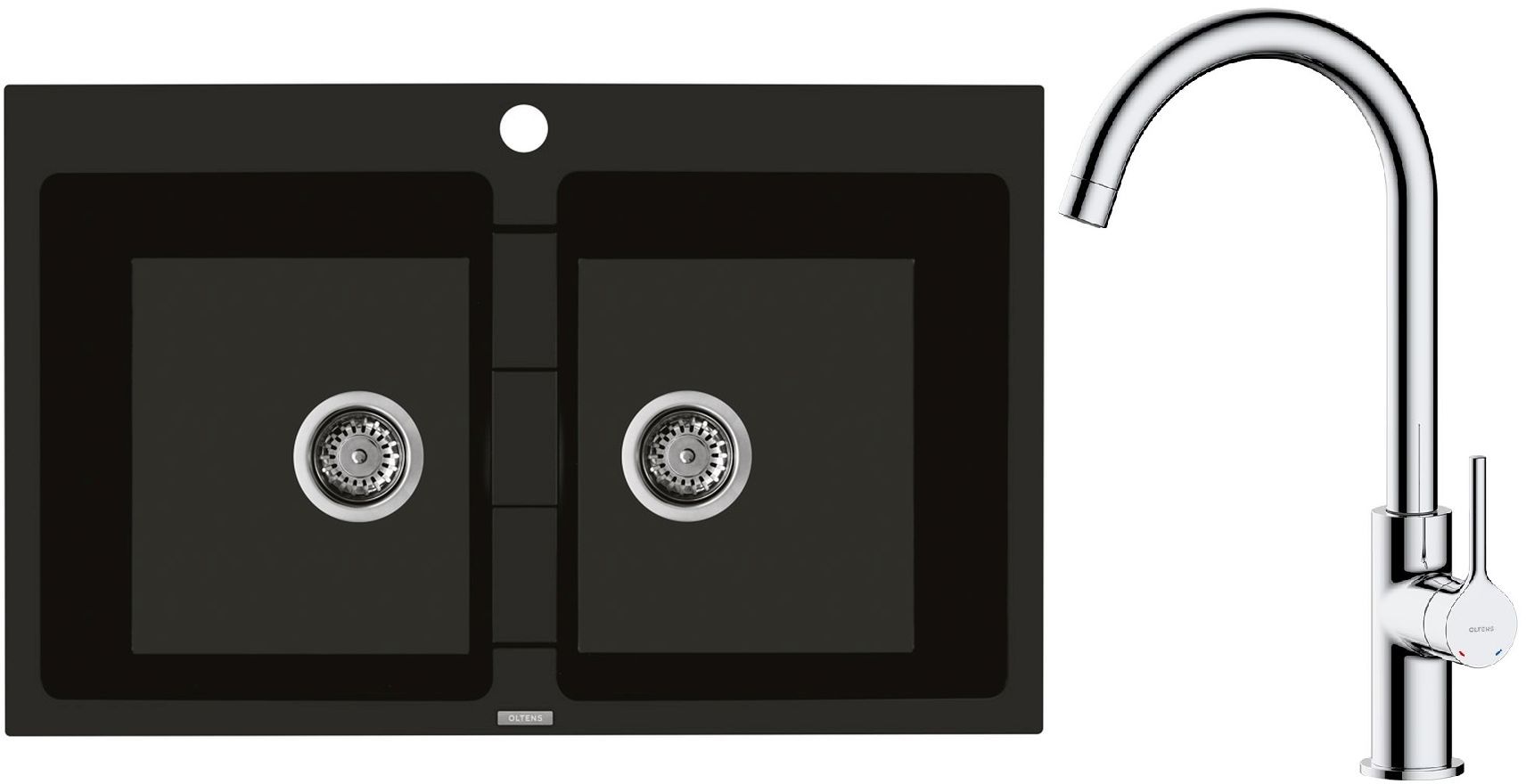 Zestaw Oltens Gravan zlewozmywak granitowy 2-komorowy 78x50 cm z baterią kuchenną Skafta czarny mat/chrom (72400300, 35206100) - Wysyłka w 24h