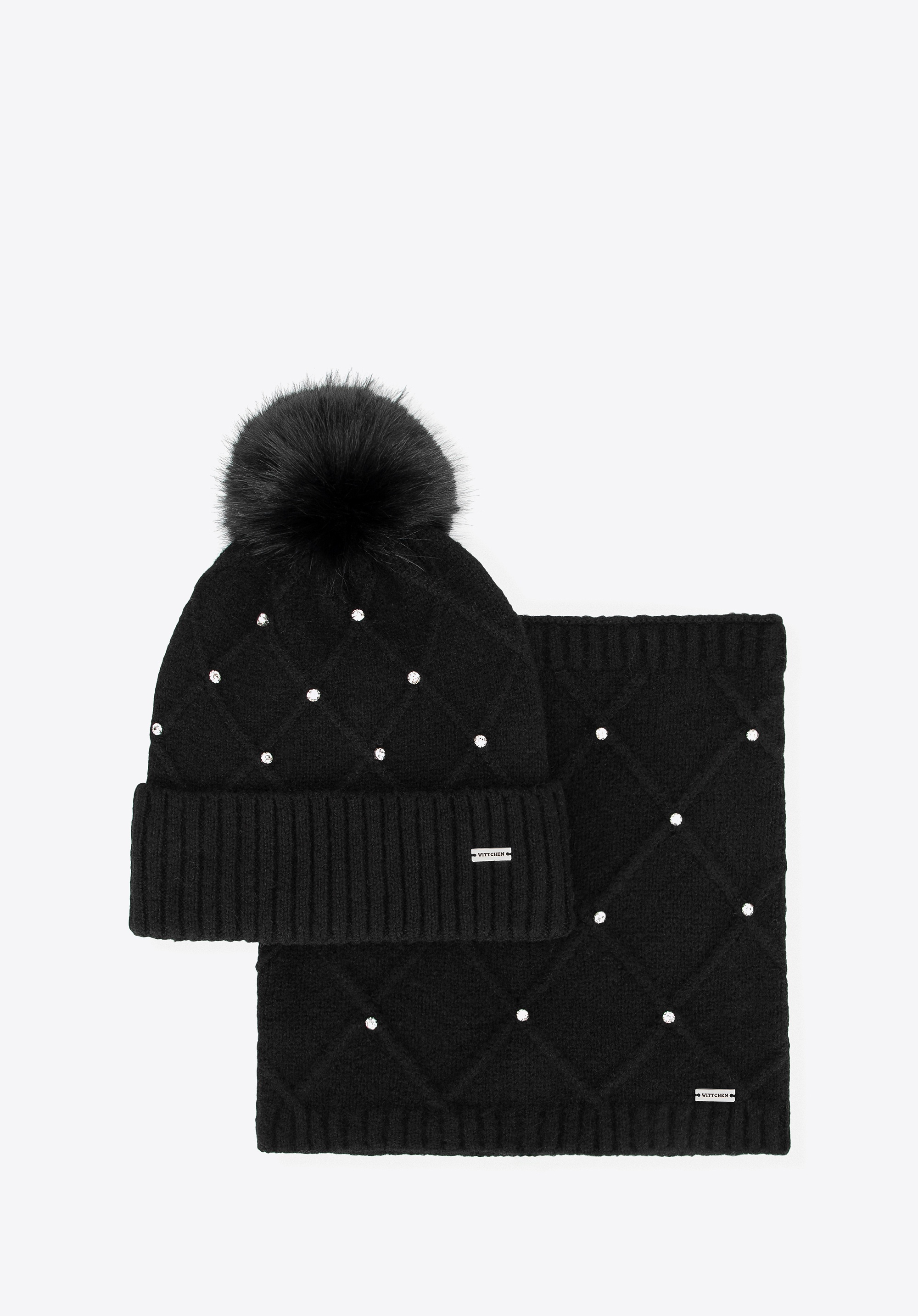 Komplet damski zimowy – czapka i komin w kryształki czarny