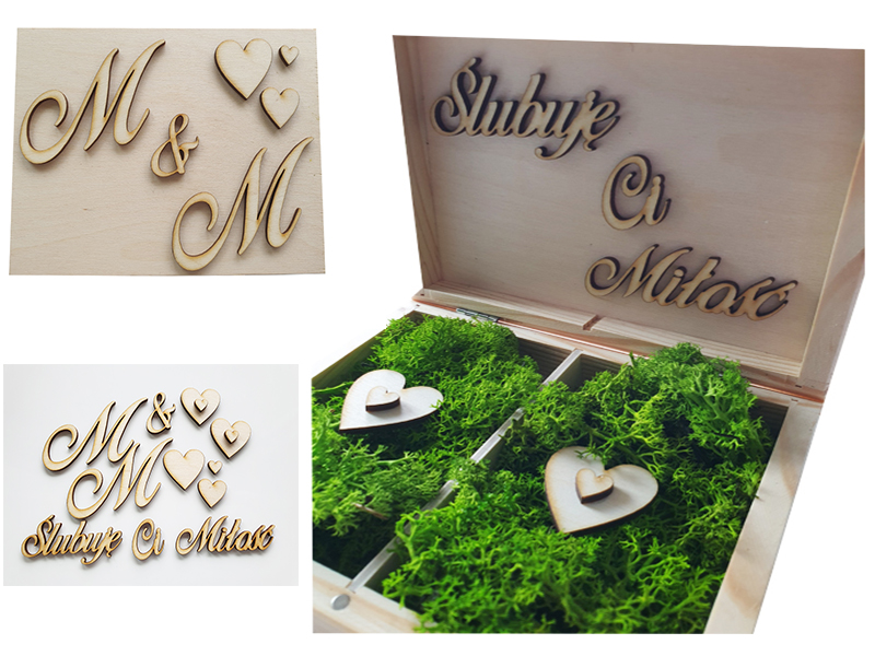 Drewniane pudełko na obrączki ślubne personalizacja, inicjały, mech.