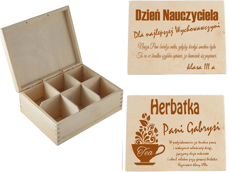 Drewniane pudełko wspomnień, herbaciarka z grawerem, prezent dzień Nauczyciela