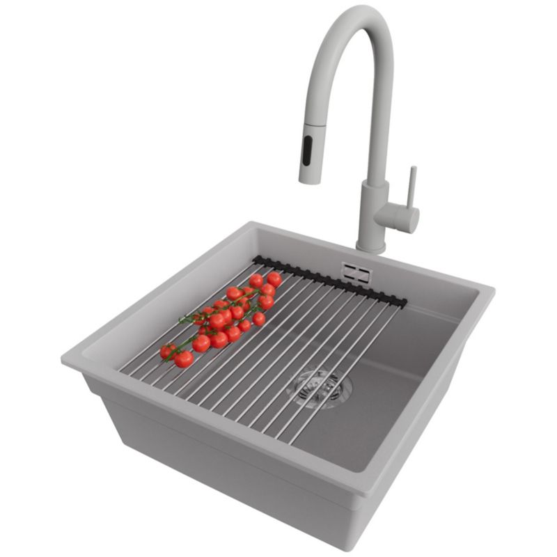 Zlewozmywak Granitowy Praga Slim PRIMAGRAN Nablatowy 46x47cm, Szary + Bateria + Syfon + Akcesorium, S203, 1 szt.