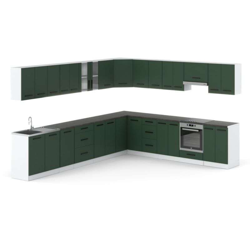 Zestaw Kuchenny Hurtownia-Mebli Z Blatem Kuchnia narożna Rossa 680cm Biały Mat Butelkowa Zieleń 680x47x145 cm 1szt.