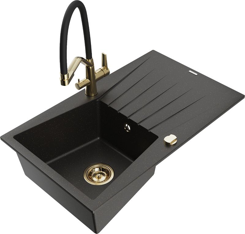 Zlewozmywak granitowy Mexen Cesar 1-komorowy z ociekaczem i baterią kuchenną Duo czarny/złoty 6514-75-671701-57-G