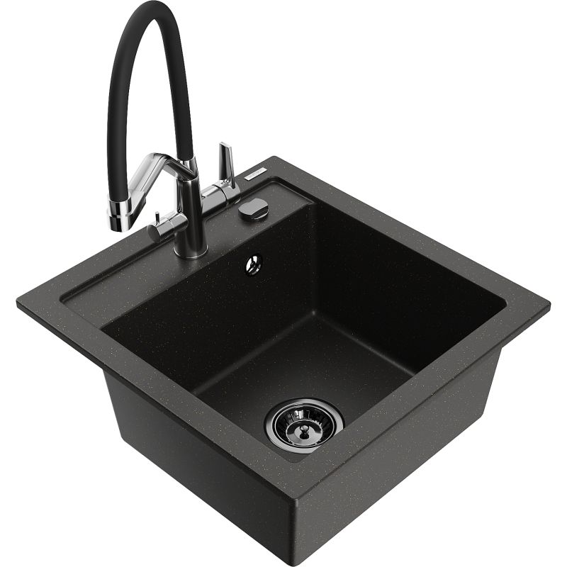 Zlewozmywak granitowy 1-komorowy Mexen Vito z baterią kuchenną Duo czarny/złoty metalik 6503-75-671701-07-B