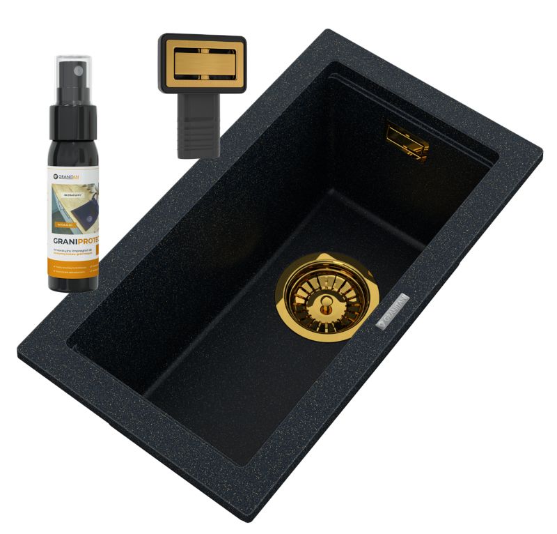 Zlewozmywak Granitowy Podwieszany Nablatowy Granitan Przelew Prostokątny Tuga28 Czarny z złotymi drobinkami 1 kpl.