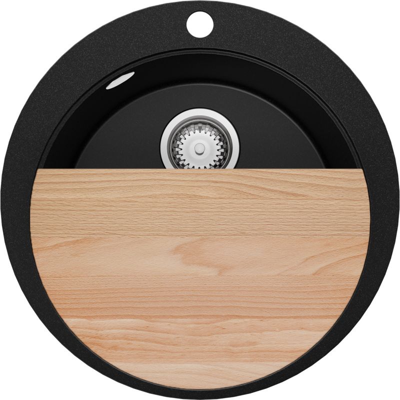 Zlewozmywak Okrągły Piza Max PRIMAGRAN Nablatowy 53x53cm do szafki od 50cm, Czarny + Syfon + Deska, S035, 1 szt.