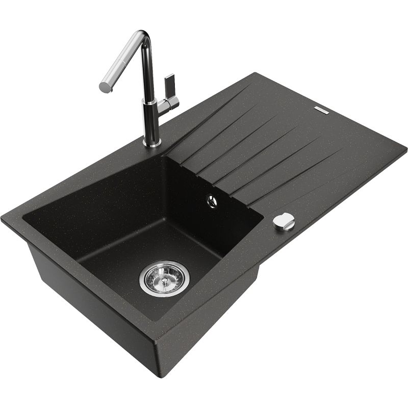 Zlewozmywak granitowy 1-komorowy Mexen Cesar z ociekaczem i baterią kuchenną Flora czarny/złoty metalik 6514-75-670401-00