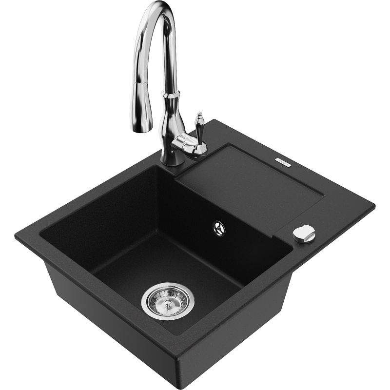 Zlewozmywak granitowy 1-komorowy Mexen Enzo z ociekaczem i baterią kuchenną Savita czarny - 6506-77-672601-50-B 1 szt.