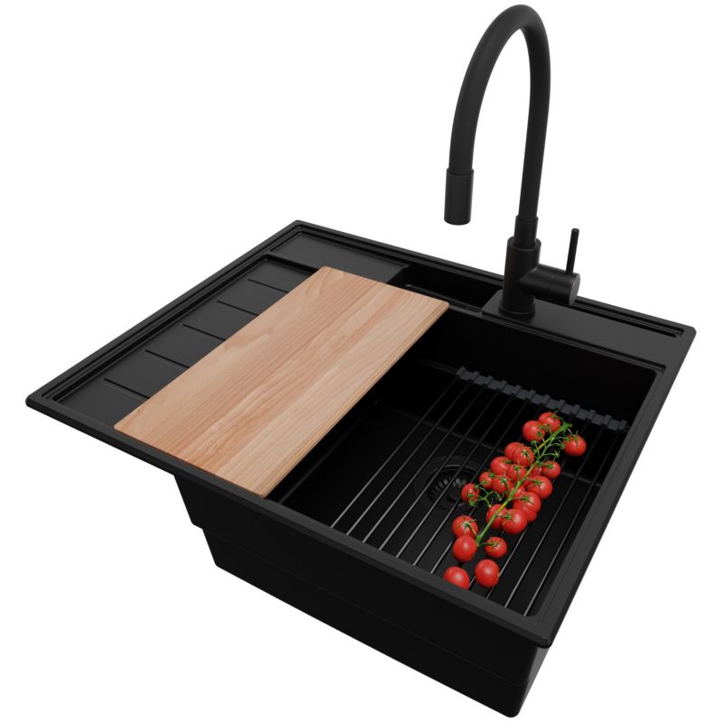 Zlewozmywak Granitowy Sydney Pocket PRIMAGRAN Nablatowy 62x53cm, Cały Czarny + Bateria + Syfon + Akcesorium, S044, 1 szt.