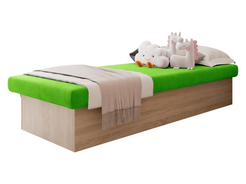 Łóżko jednoosobowe MIRJAN 24 Berta 190x80 z pojemnikiem dąb sonoma + zielony plusz 1 szt.
