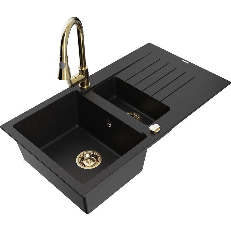 Zlewozmywak granitowy 1.5-komorowy Mexen Matias z ociekaczem i baterią kuchenną Elia czarny - 6502-77-670101-70-B 1 szt.